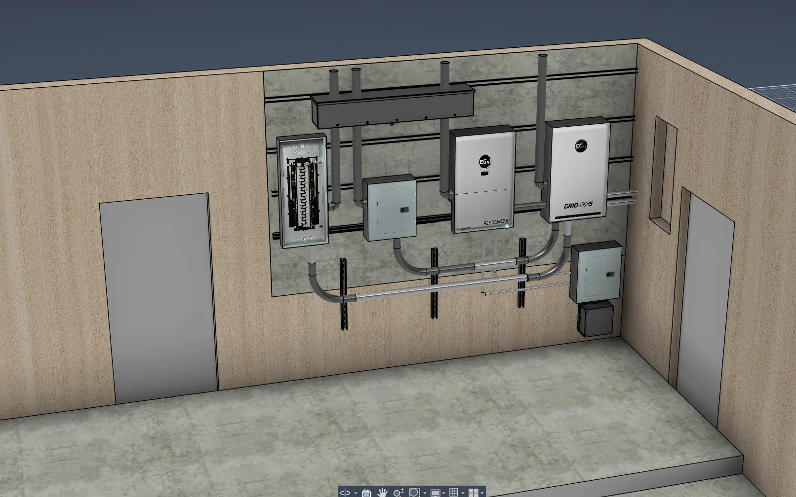 Fusion 360 mockup of the garage wall with GridBoss, FlexBoss21, panels and conduit laid out