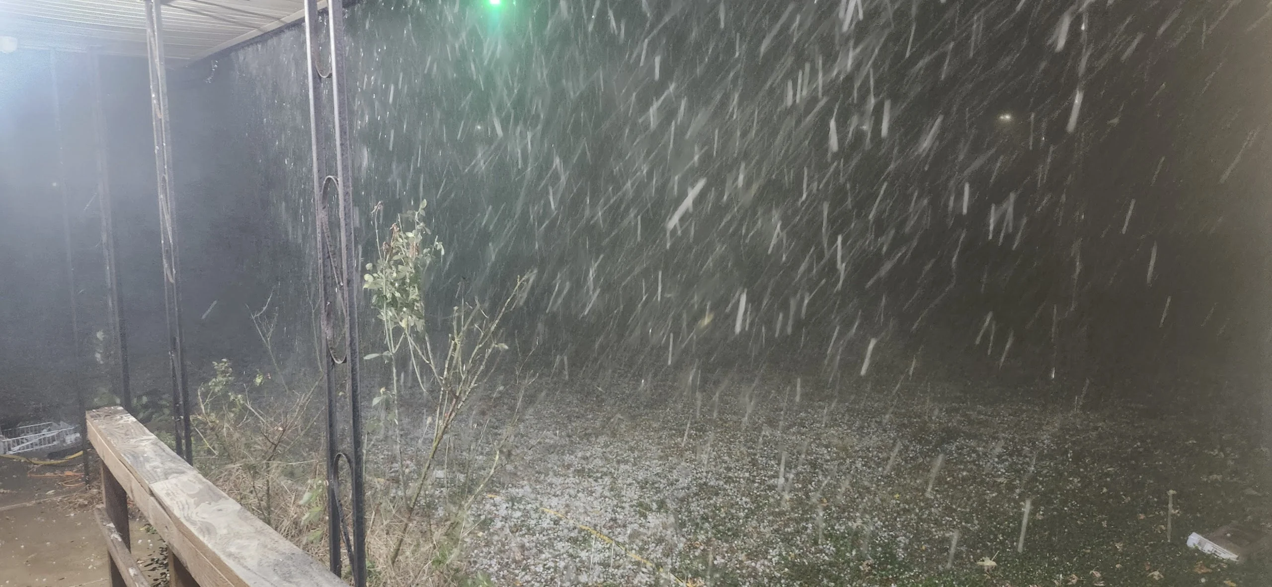 Hail piled up on the patio after the storm