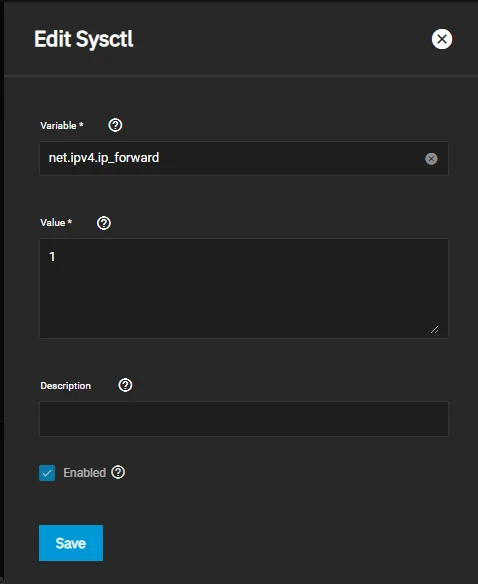 Edit Sysctl form, with above values populated