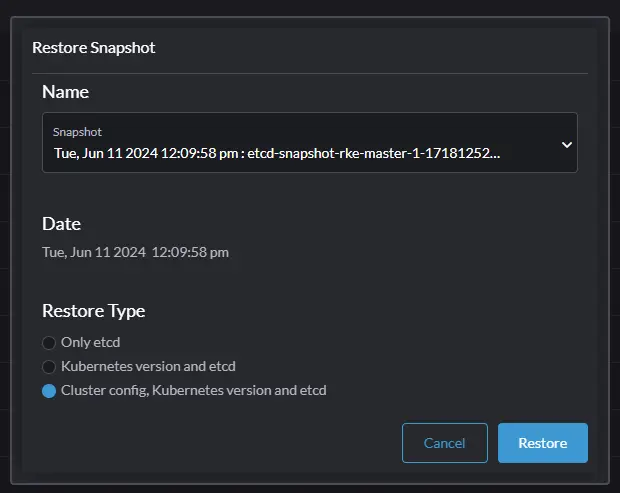 Picture of options when restoring cluster state