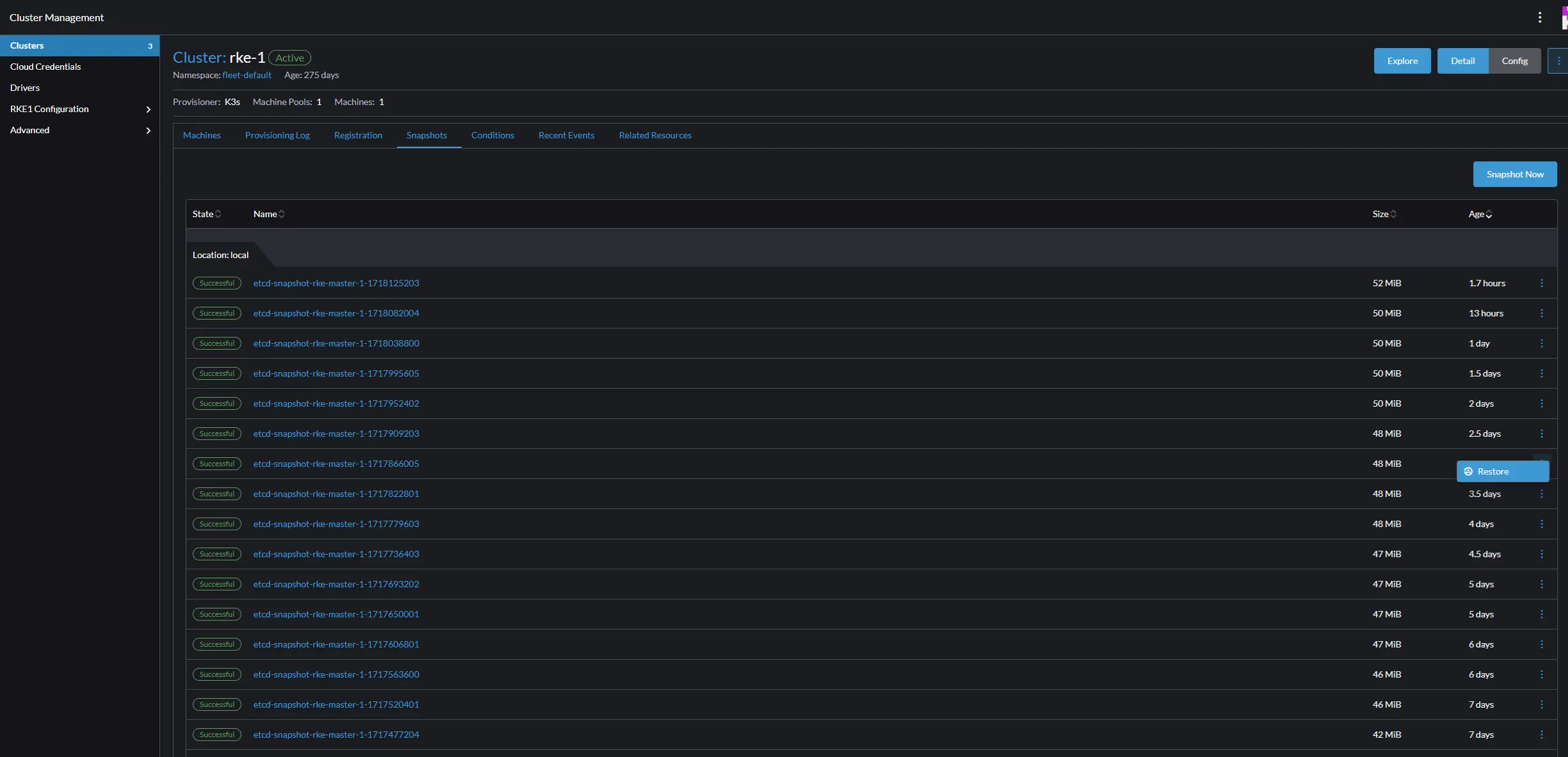 Picture showing the interface to restore a locally saved etcd snapshot / state