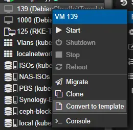 Right click VM dialog, with convert to template highlighted.