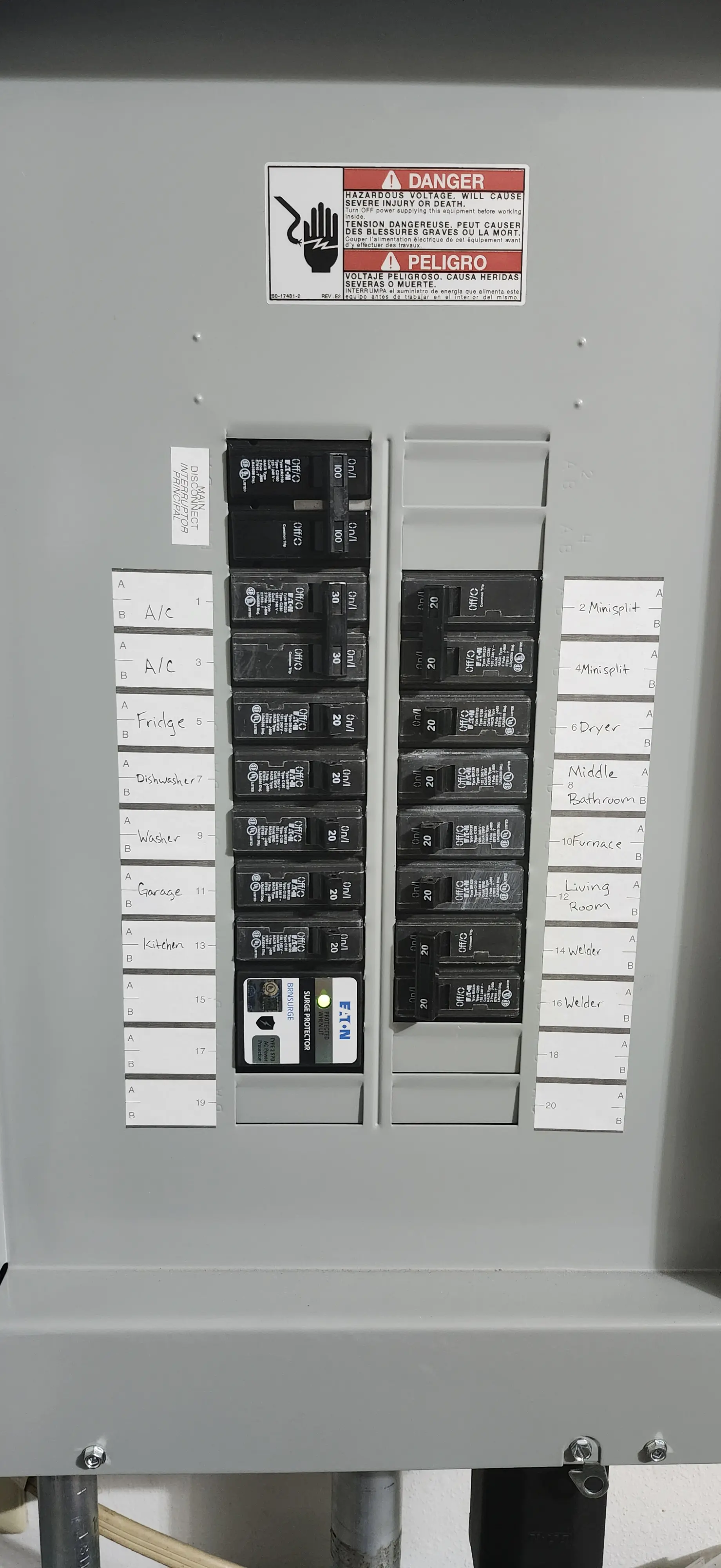 Picture of breaker-panel cover reinstalled, with surge arrestor visible
