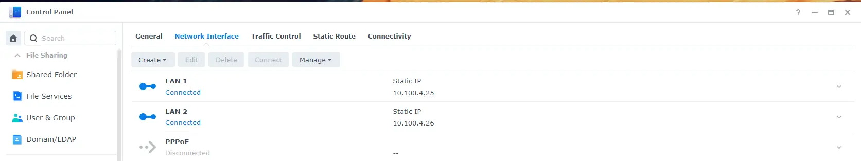 Image showing both network ports on the synology with different IP addresses