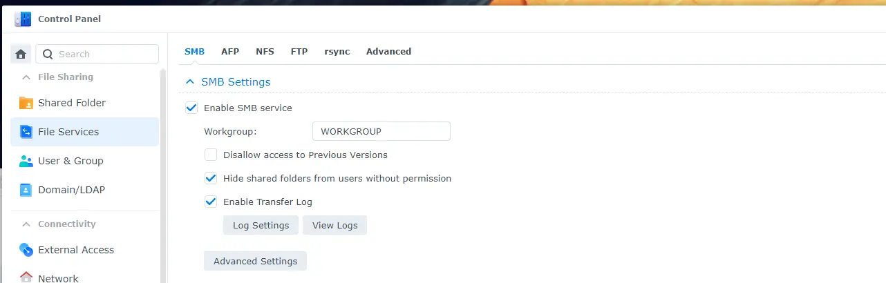 Image showing SMB settings